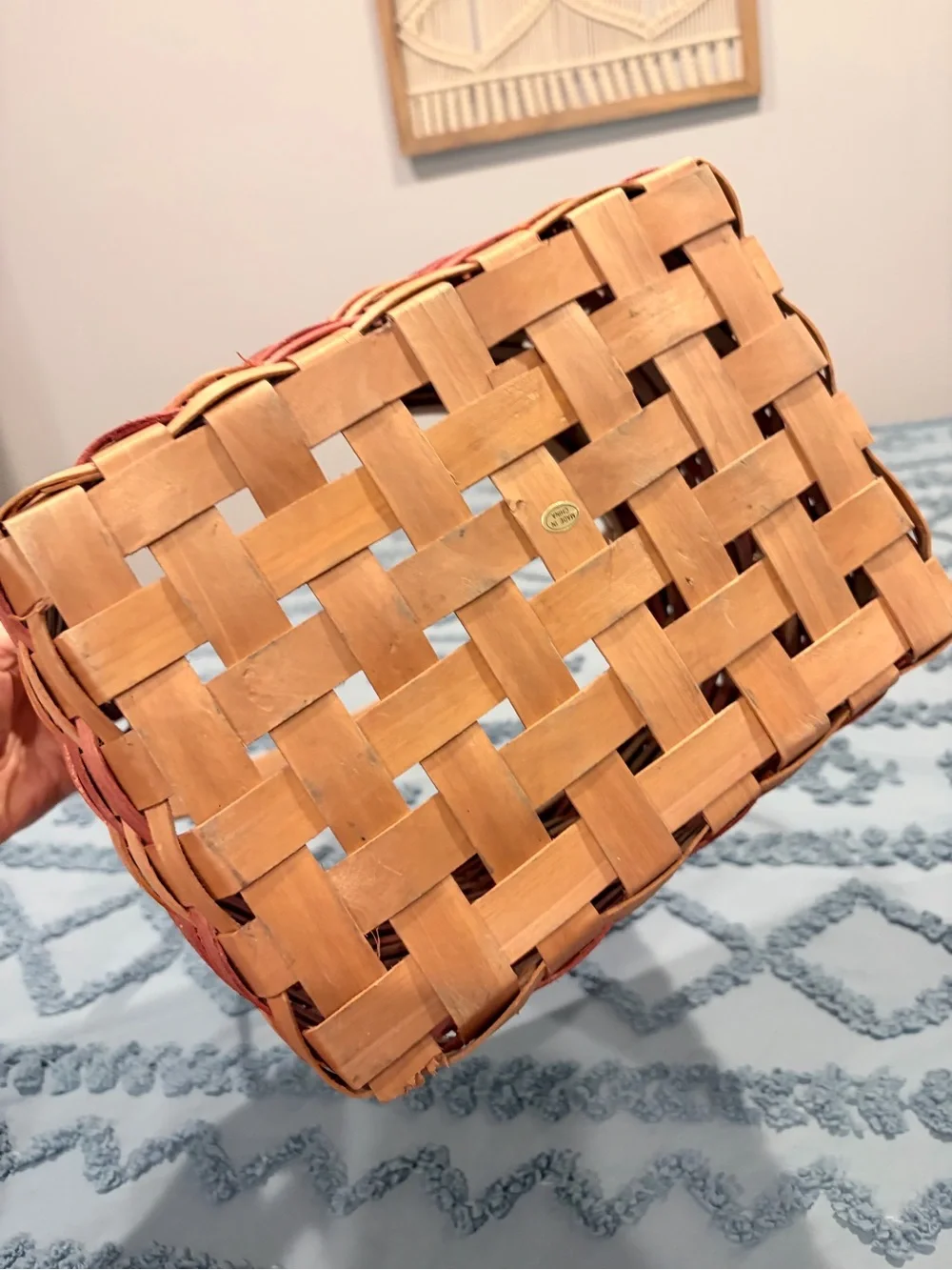 Source Unknown Red, Tan, Blue Woven Picnic Basket with Handle